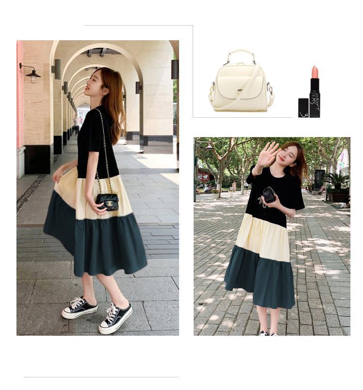 Летнее платье для беременных длиной до колена с контрастными цветными вставками