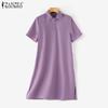 ZANZEA Женское повседневное однотонное платье с коротким рукавом и отложным воротником