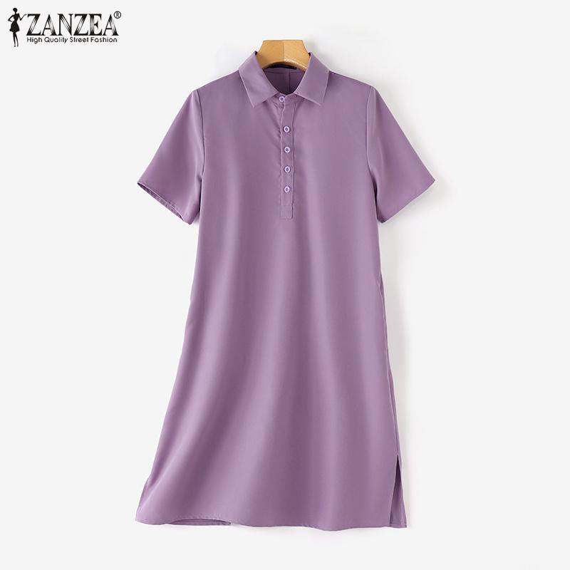 ZANZEA Женское повседневное однотонное платье с коротким рукавом и отложным воротником