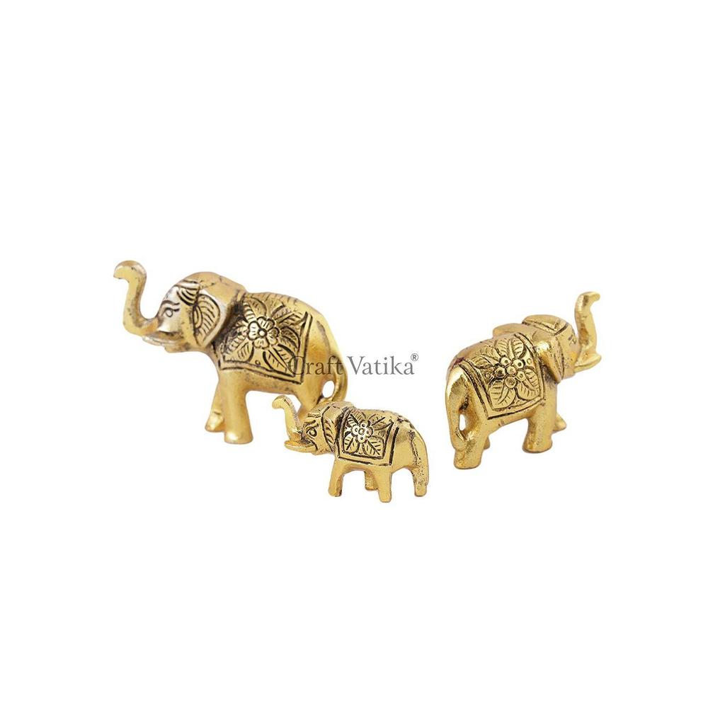 Set of 3 Metal Trunk Up Elephant Family Statue Showpiece Figurine -Fengshui Vastu Lucky - Home Decor Living Room Office Desktop & Gifting