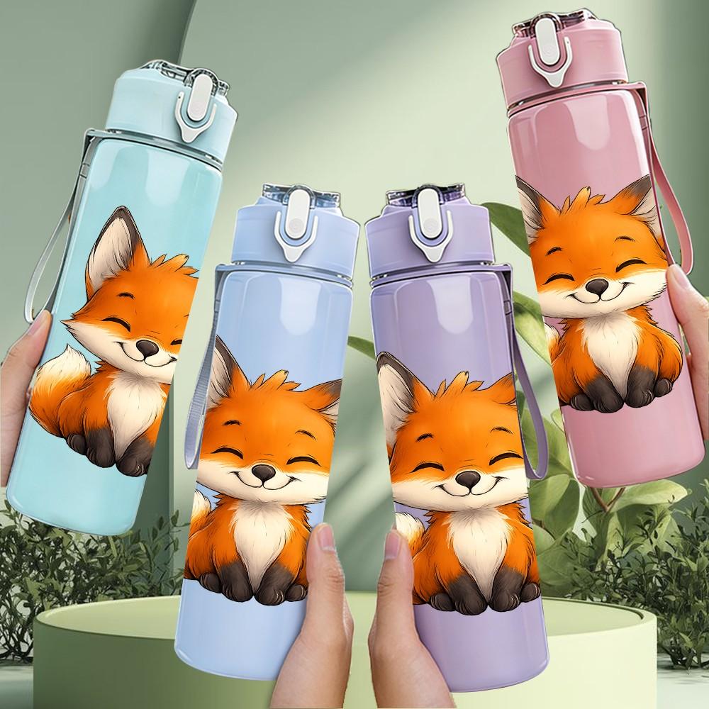 1PC Fluffy Forest Fox Cartoon 750ml Color Plastic Sports Water Bottle Leakproof Flip Straw Lid Suitable for Sports Office Home Use