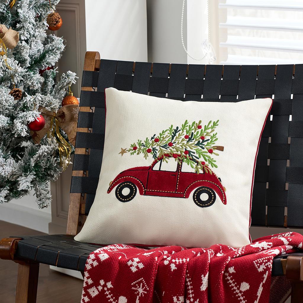 Red Embroidered Merry Christmas Throw Pillow Case Decorative Sofa Cushion Cover for Home Holiday Party Decor