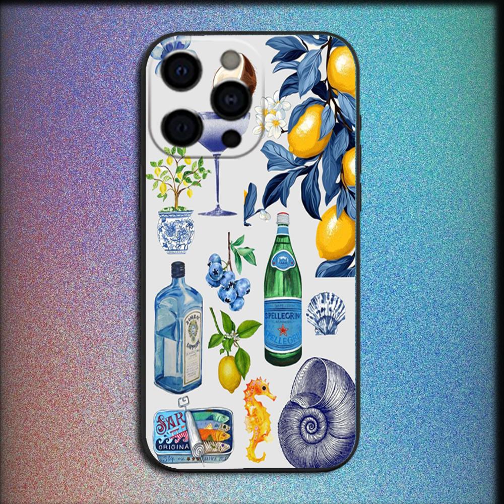 Морской пейзаж Красное вино Лимон Еда Чехол для телефона Для iPhone 16,15,14,13,12,11,Pro,X,XS,Max,XR,Plus,Mini Мягкий черный чехол