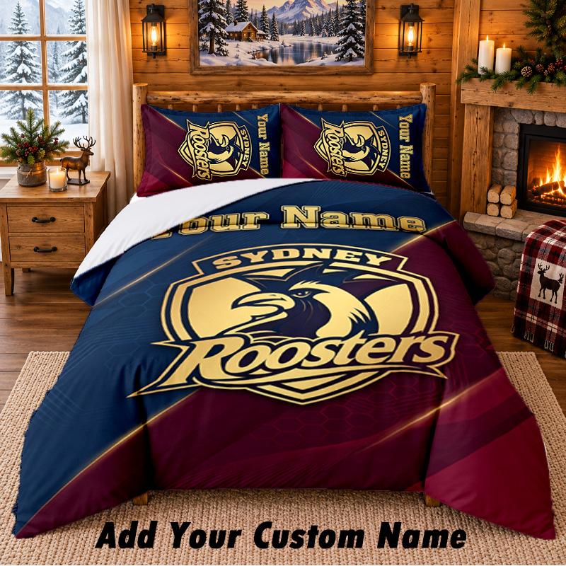 Sydney Roosters Pattern Bedding 3Pcs Set Custom Name, Bed Sheet And Pillowcases For Home Bedroom