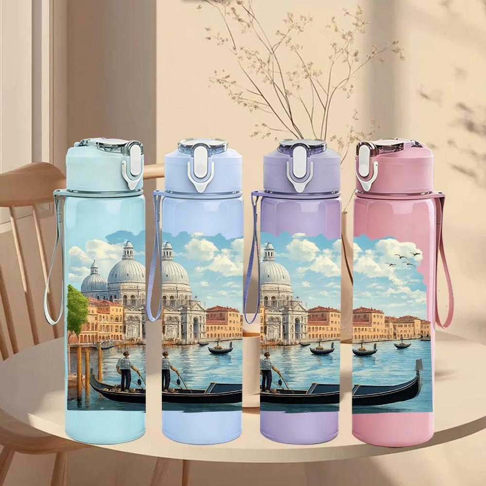 1PC Venice Canal City View Print 750ml Color Plastic Sports Water Bottle Leakproof Flip Straw Lid Suitable for Sports Office Home Use