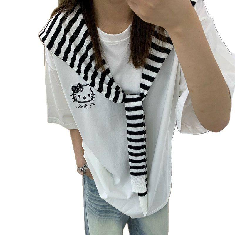 Sweet and cute kitty cat shawl striped short-sleeved t-shirt women's summer new hot girl design sense slim top trendy