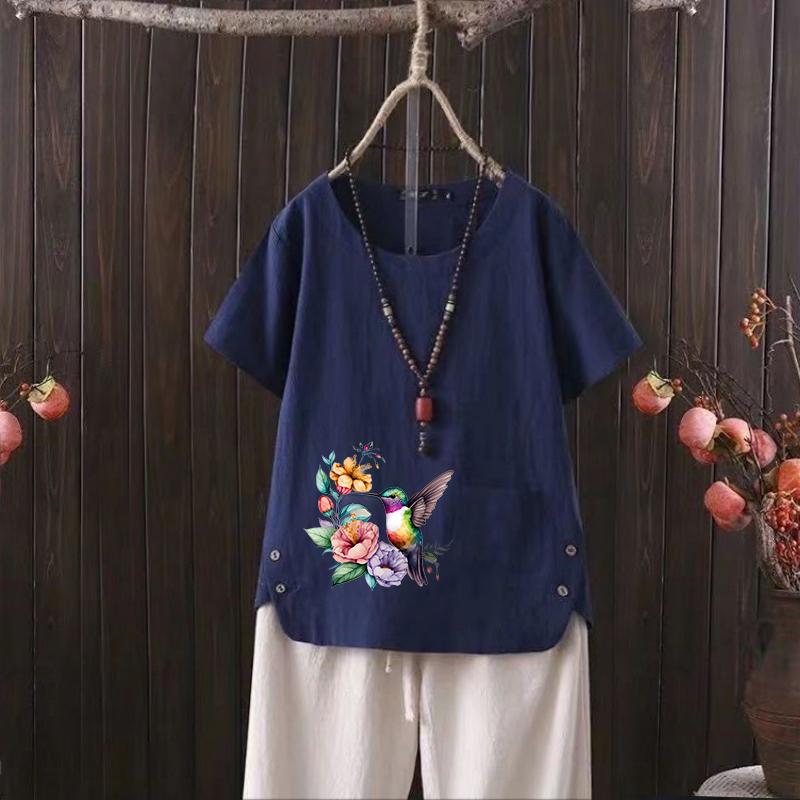 2025 Summer Women's Bird Print V-neck Cotton Hemp T-shirt - Trendy & Comfortable