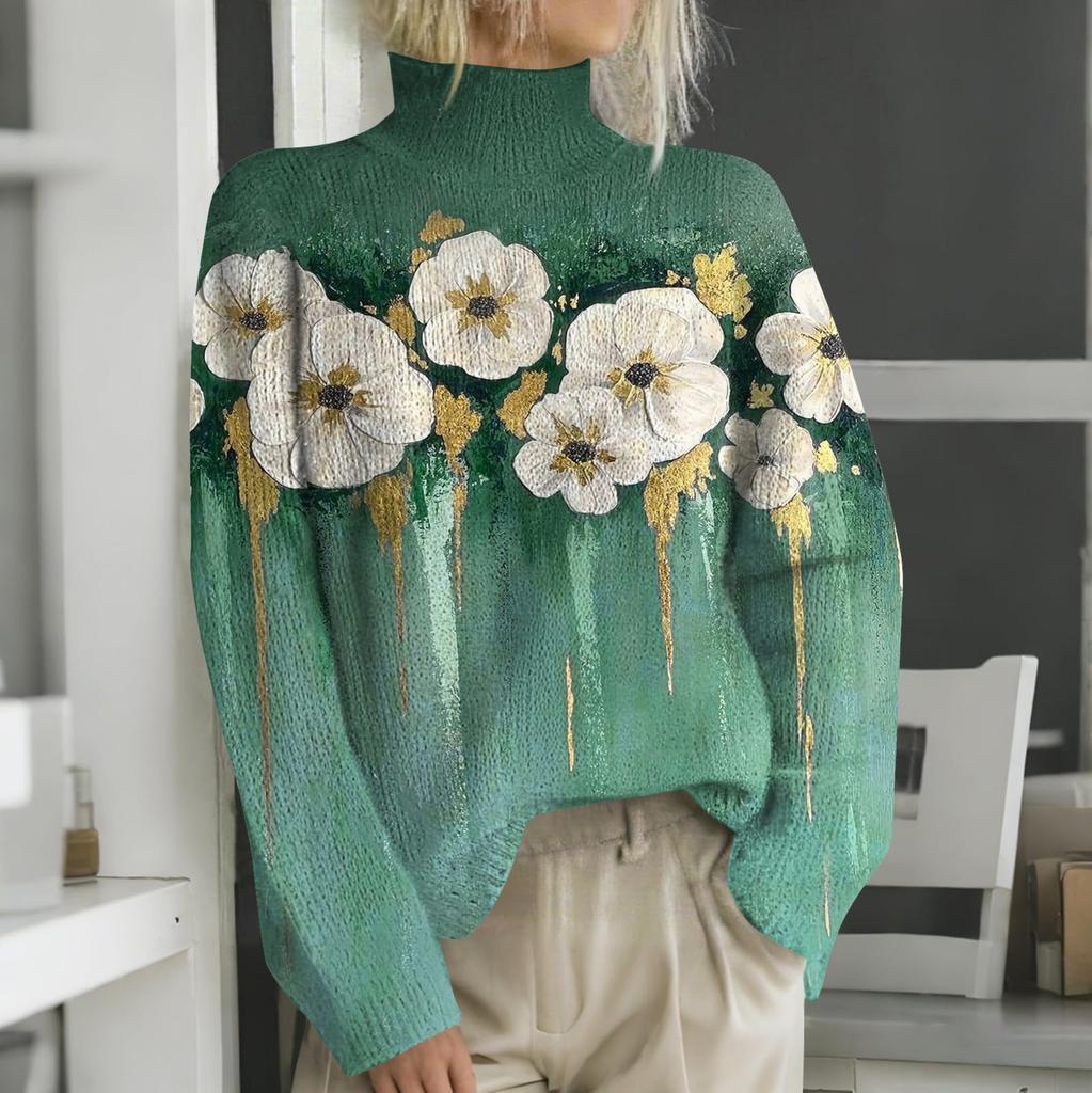 Женская мода повседневная с длинным рукавом и принтом, с высоким воротом, шерстяной трикотаж