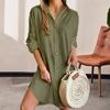 Fall Spring Women Dress Shirt Type Single-breasted Split Hem Loose Solid Color Buttons with Cufflink Above Knee Length Mini Dress