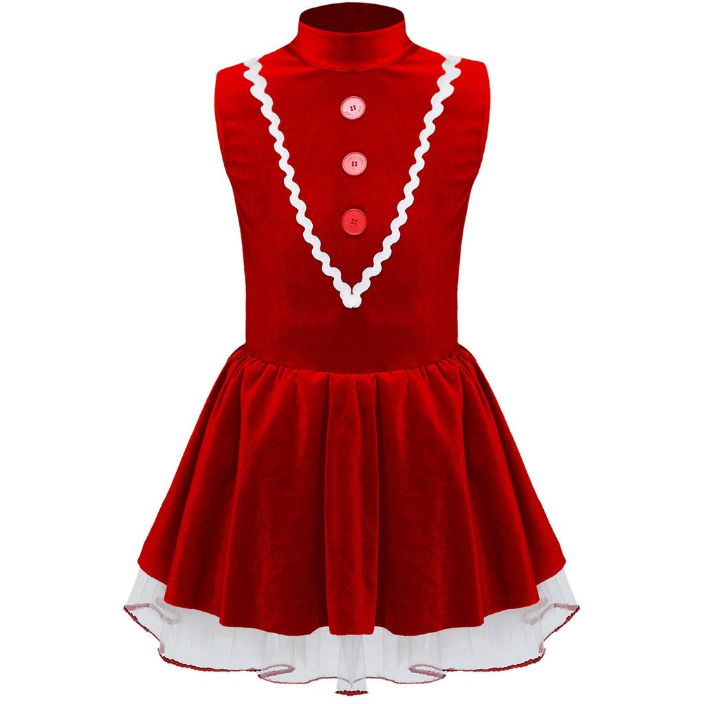 Girls Gingerbread Man Tutu Dress Christmas Costume Sleeveless Hollow Back Velvet Leotard