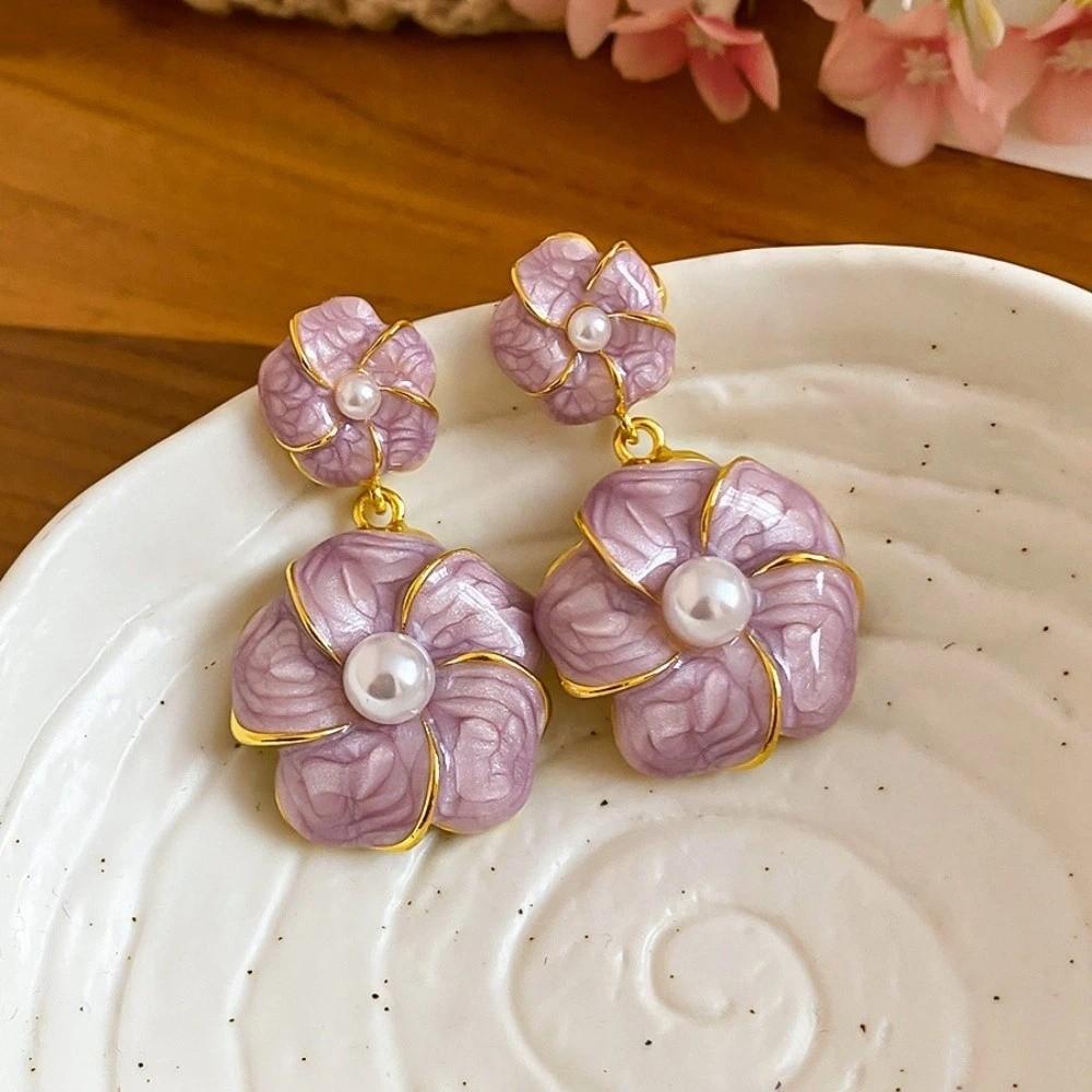 Purple Floral Dangle Earrings Pearl Ear Jewelry Elegant Camellia Flower Earrings Female