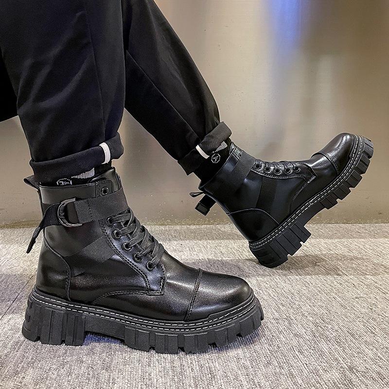 Мужские черные кожаные мотоботы хай-топы в британском стиле