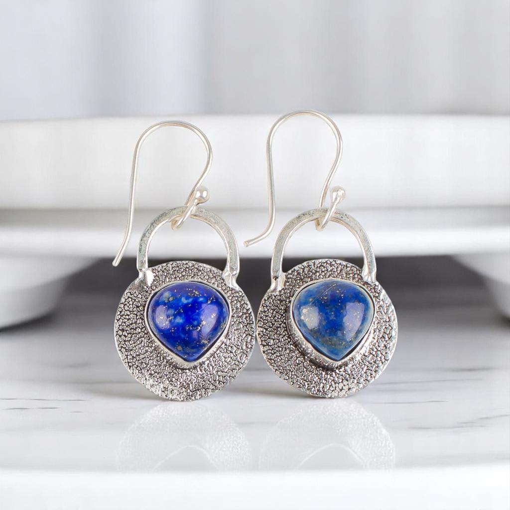 Natural Lapis Lazuli Gemstone 925 Sterling Silver Handmade Dangle Earrings 1.30" EE-63-24