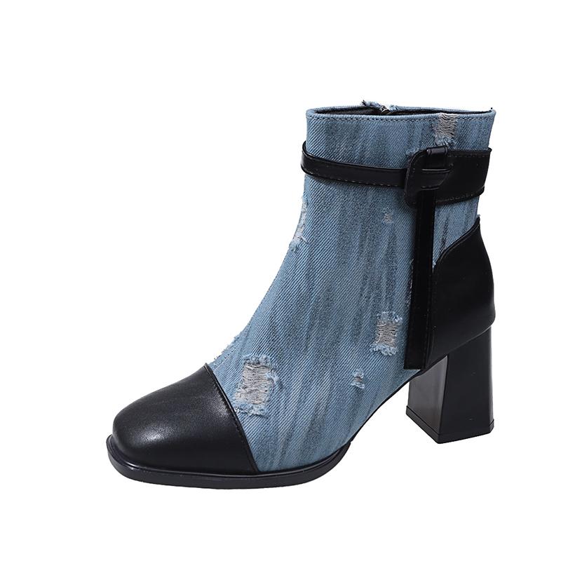 2024 Высококачественная женская обувь Женские ботинки на молнии Осенние квадратные носки Разноцветные голые ботинки Средний каблук Zapatillas De Mujer