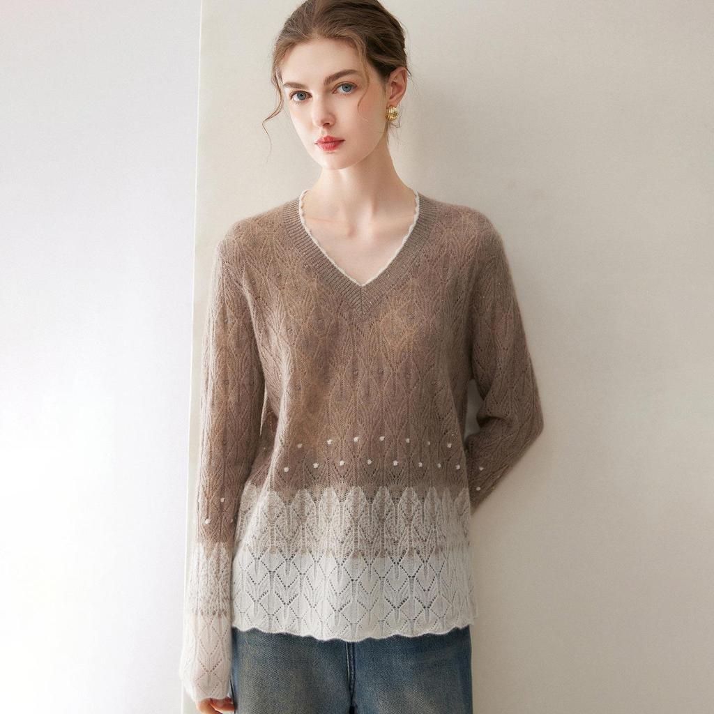 100% Pure Cashmere V-Neck Women's Sweater: Autumn/Winter, Thin, Hollow Knit, Color Block, Loose Fit Top