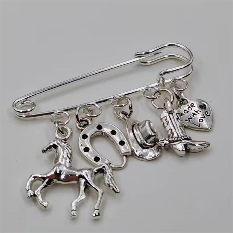 Vintage Silver Color Horse Horseshoe Cowboy Boots Cowboy Hat Pendant Pin Brooch Creative Jewelry Gifts