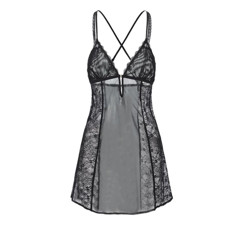 Women's Lace Mesh Deep V Removable Pads Sleep Dress with Robe Lingerie Set