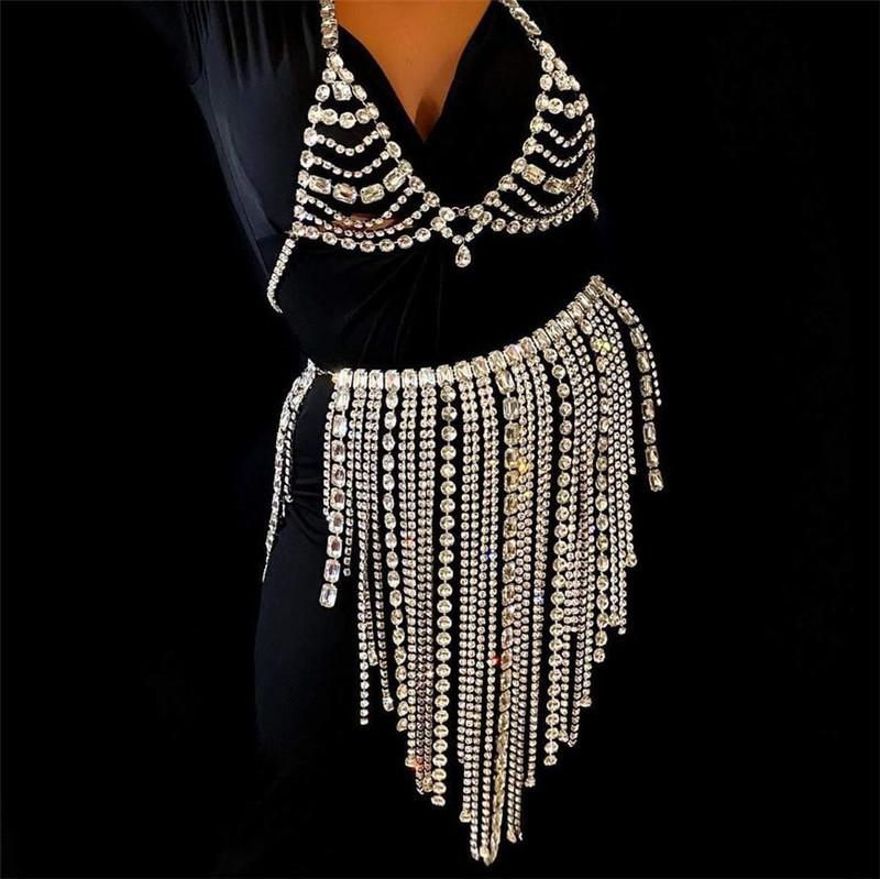 Woman Body Chain With Silver Water Crystal For Party And Wedding Accessory