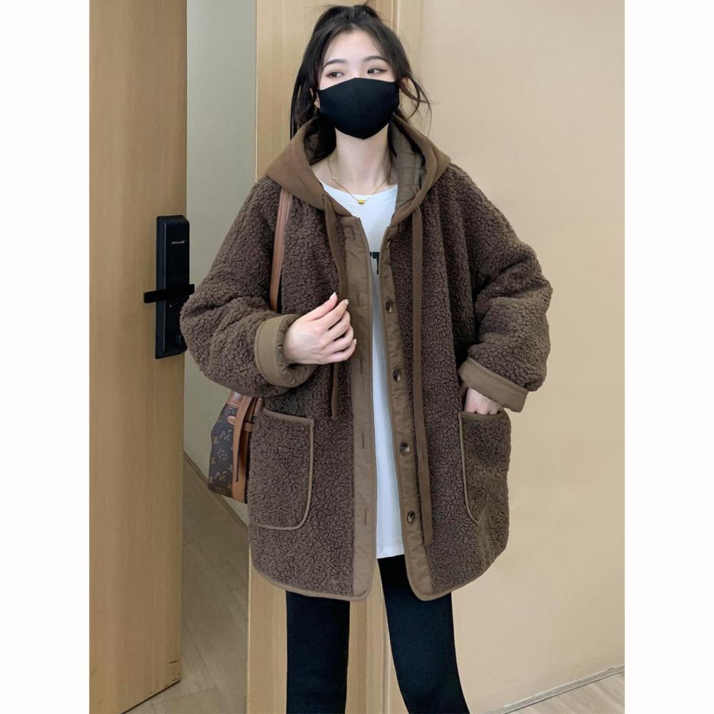 Куртки для женщин, осенне-зимняя плюшевая куртка с имитацией овечьей шерсти, корейская мода, свободное повседневное однотонное женское пальто с капюшоном