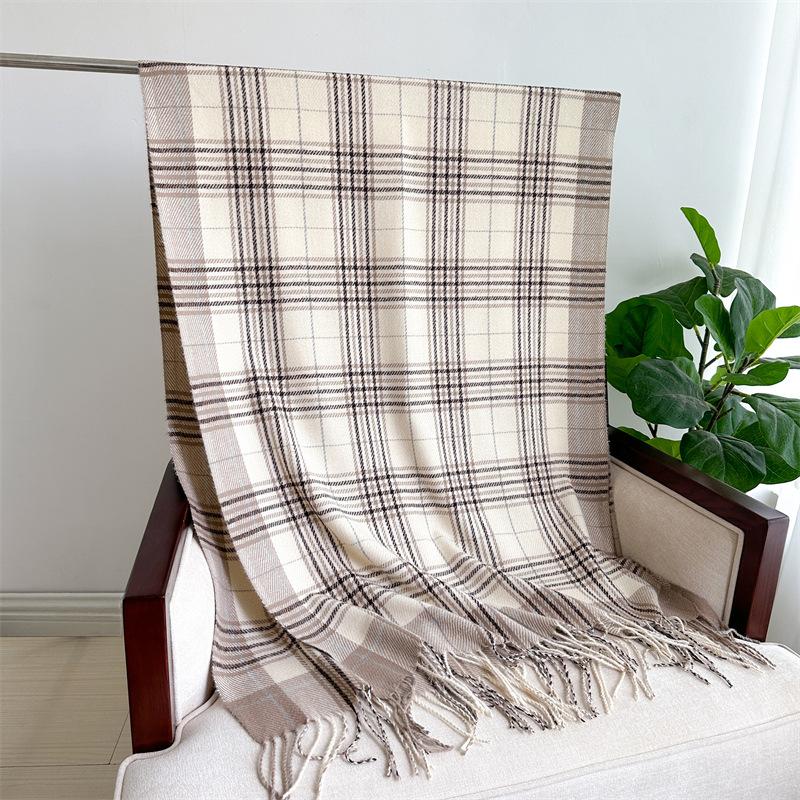 Клетчатый шарф из искусственного кашемира в корейском стиле, простой и универсальный теплый шарф, женская утолщенная шаль с бахромой