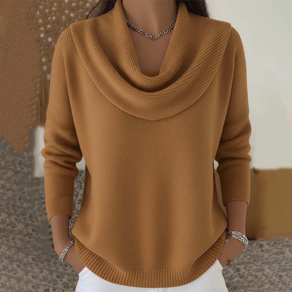 Women's Casual And Fashionable Round Neck Long Sleeved Knitted Solid Color Top Sweater