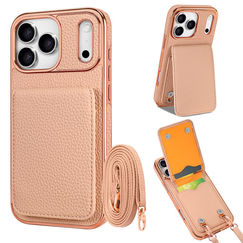 Кожаный чехол с текстурой личи для iPhone 17 16 15 14 13 Pro Max Air, многофункциональный, с магнитной застежкой, кошелек, сумка, подставка, длинный ремешок