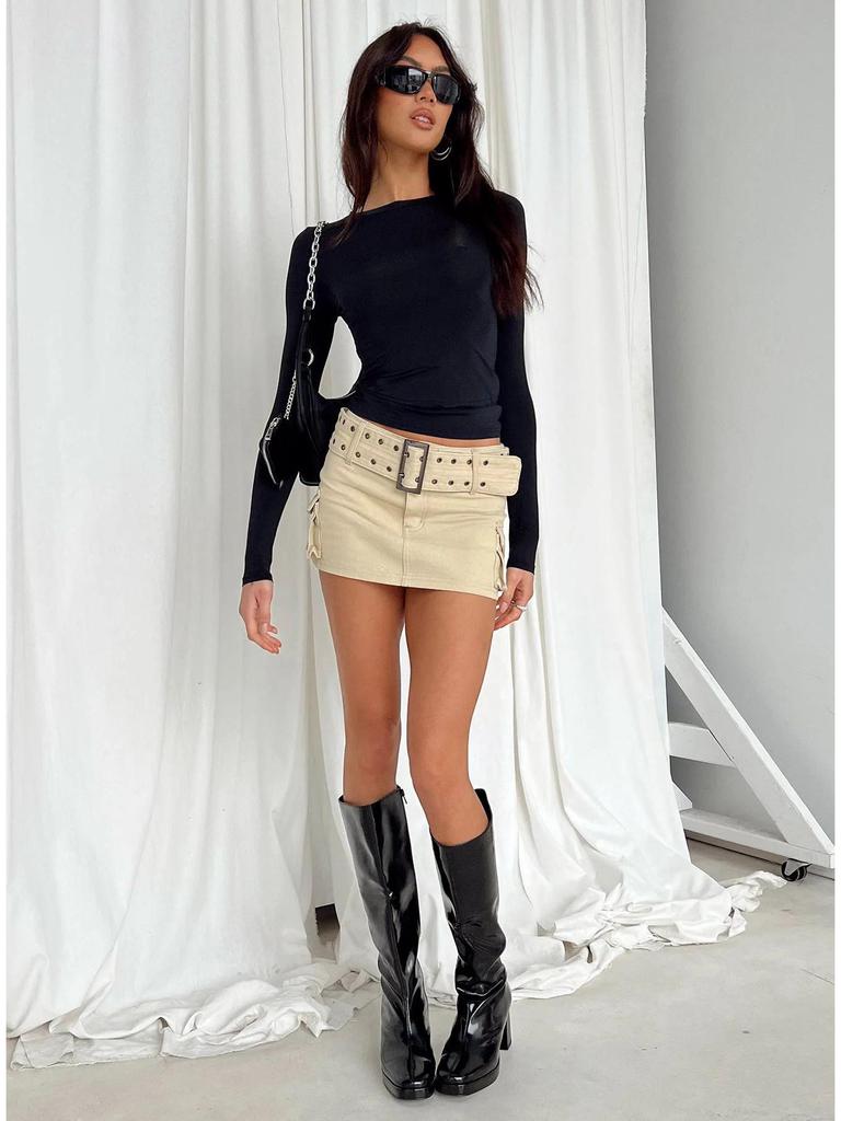 2023 Женская футболка с длинным рукавом, приталенная, нестандартная, однотонная, с круглым вырезом