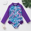 Baby Girl Fish Scale Print Swimsuit One Piece Long Sleeve Swimwear Floral Zipper Ruffle Toddler Bathing Suit Beach Outfit