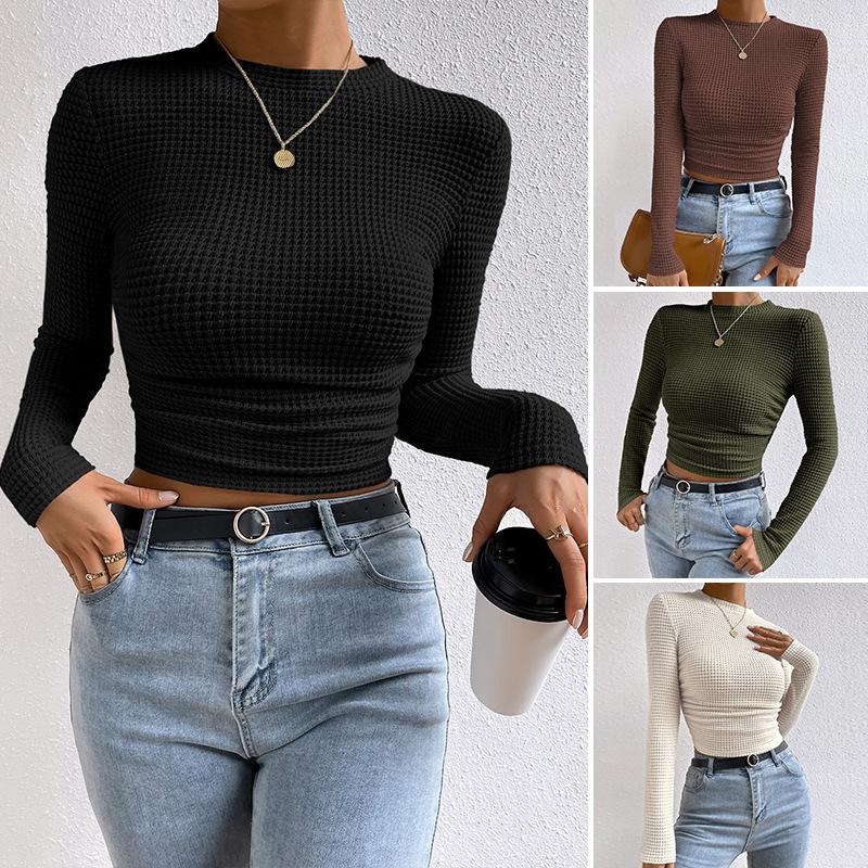 Круглый вырез Slim Fit вязаный свитер однотонный вязаный свитер футболки с длинными рукавами женские