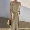 Fashion Women's Casual Sleeveless Pullover Cotton Linen Wide Leg Pants Solid Color Suit