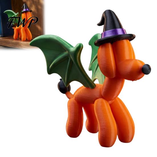Decorative Dog Sculpture with Witch Hat Halloween Balloon Puppy Figurine, 3D Printed Cute Statue And Modern Room Decor for Office Bat Wings,