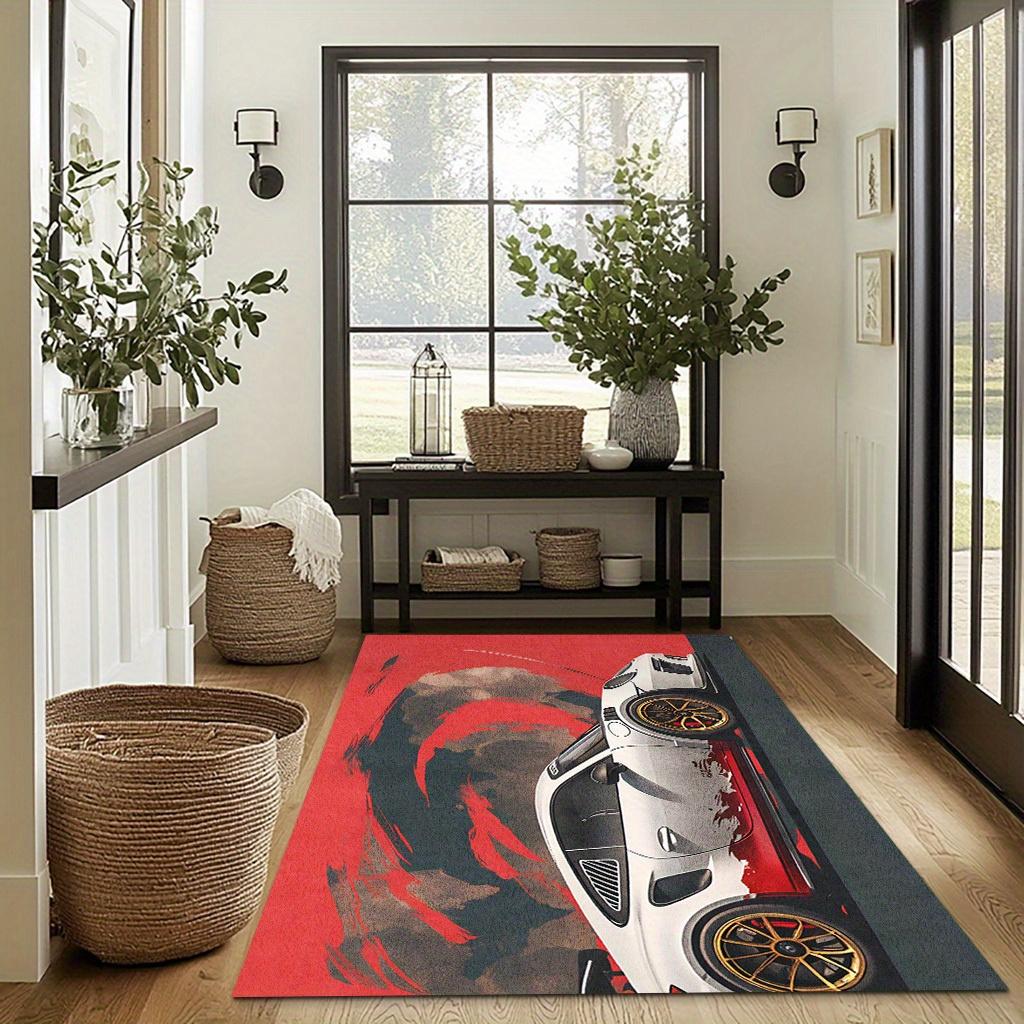 White Sports Car Doormat, Red Background Racing Print, Non-Slip Entrance Floor Rug, Car Lover Home Decor Gift
