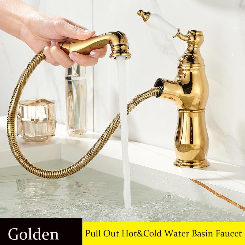 BAKALA Pull Out Bathroom Basin Sink Faucet Hot Cold Water Mixer Tap Golden Faucets Crane with Spray Tall Bathroom Faucet