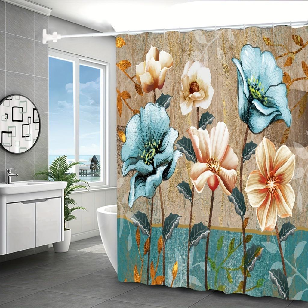 Узор «Цветущие цветы» Моющаяся Грязеотталкивающая Шторка для душа Лейка Водонепроницаемая Полиэстеровая Занавеска для ванны Для домашнего декора