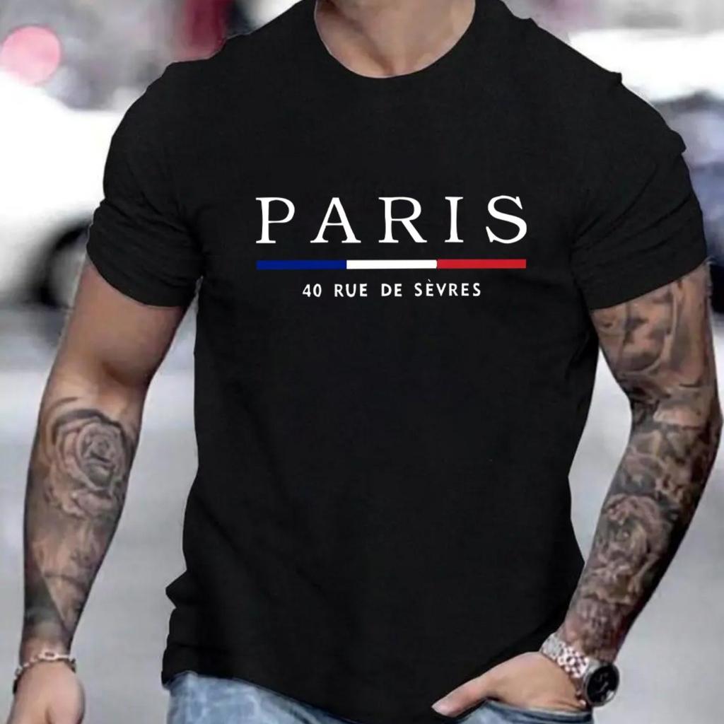 Men's 100% Pure Cotton Summer Loose Size PARIS Letter Pattern Print Casual Comfortable Round Neck Short Sleeved T-shirt Top