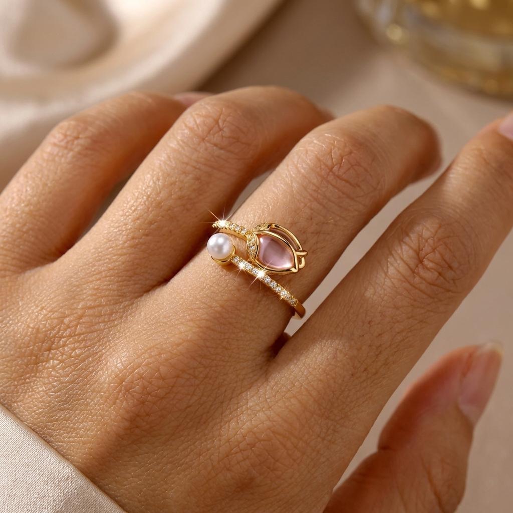 Elegant Tulip Flower Imitation Pearl Rings for Women Light Luxury Inlaid Cubic Zirconia Finger Ring Wedding Party Charm Zircon