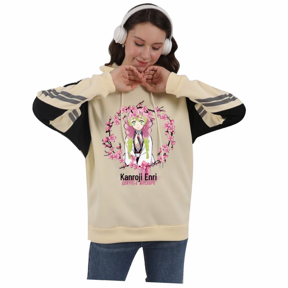 Demon Slayer Women's Hooded Sweatshirt with Japanese Anime Series Print and Color Block Stripes