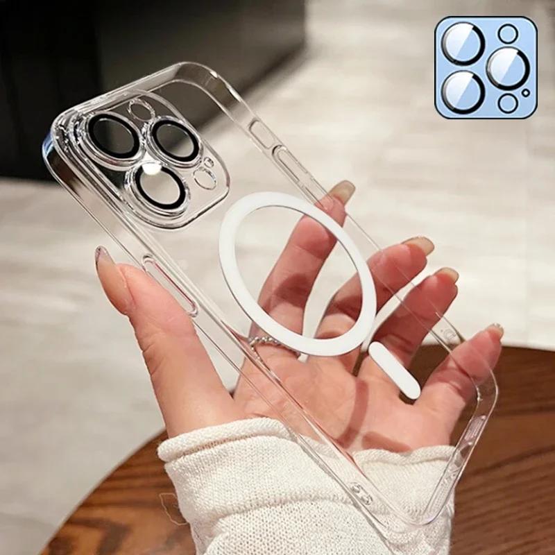 Роскошный прозрачный акриловый чехол Magsafe для iPhone 15 14 13 12 11 Pro Max Plus, магнитный чехол для беспроводной зарядки с защитой объектива
