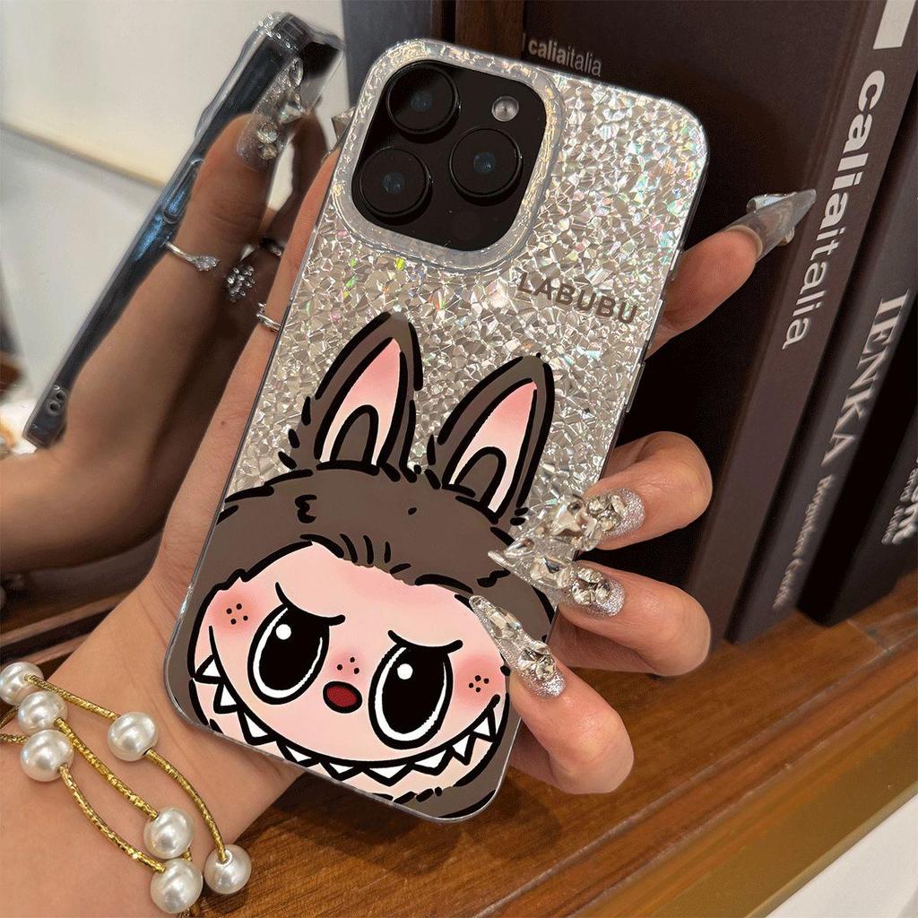 Phone Case for iphone XR 13 XS Max 11 12 Air 18 Pro Max 14 17 Pro 16 Plus 15 Funny LABUBU Silver Cracked Texture Shockproof Cover