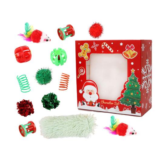1 Set Christmas Cat Toys Interactive Teaser Wand Rattle Ball Feathered Plush Mice Cat Entertainment Toys for Indoor Cats Kittens Exercise Holiday Gift
