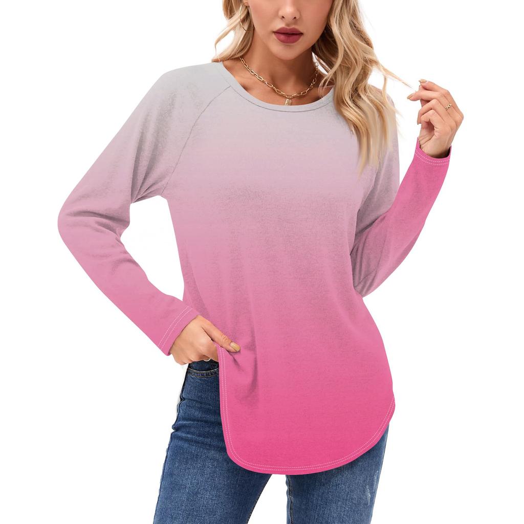 Женские рубашки с длинным рукавом, повседневные, модные, с градиентным принтом, туники, топы, с круглым вырезом, базовая свободная футболка