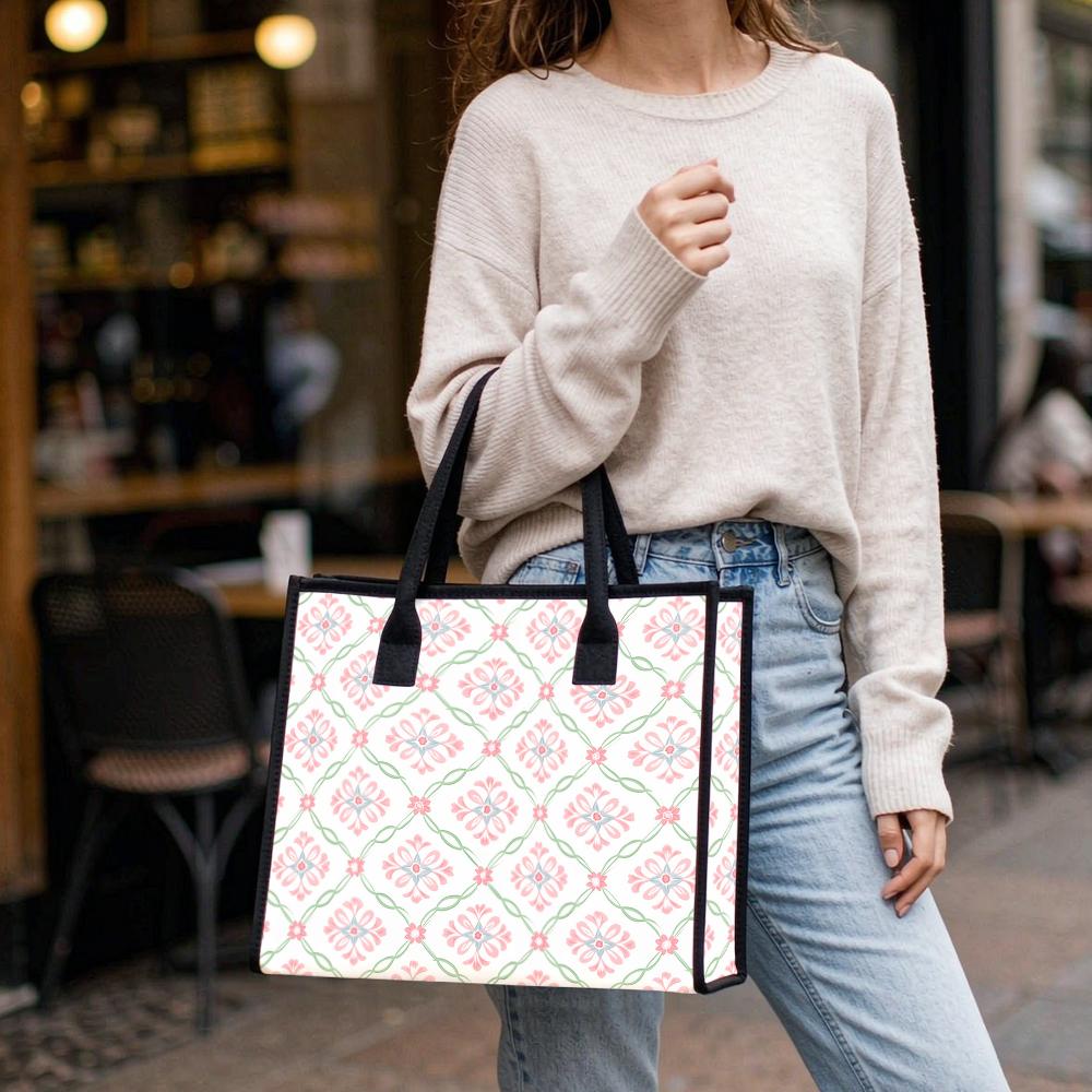 Elegant Floral Print Tote Bag Casual Portable Handbag for Daily Shopping