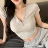 Женская однотонная футболка с коротким рукавом, весна-лето, V-образный вырез, узкий короткий топ, блузка, пуловер, размер S-XXL