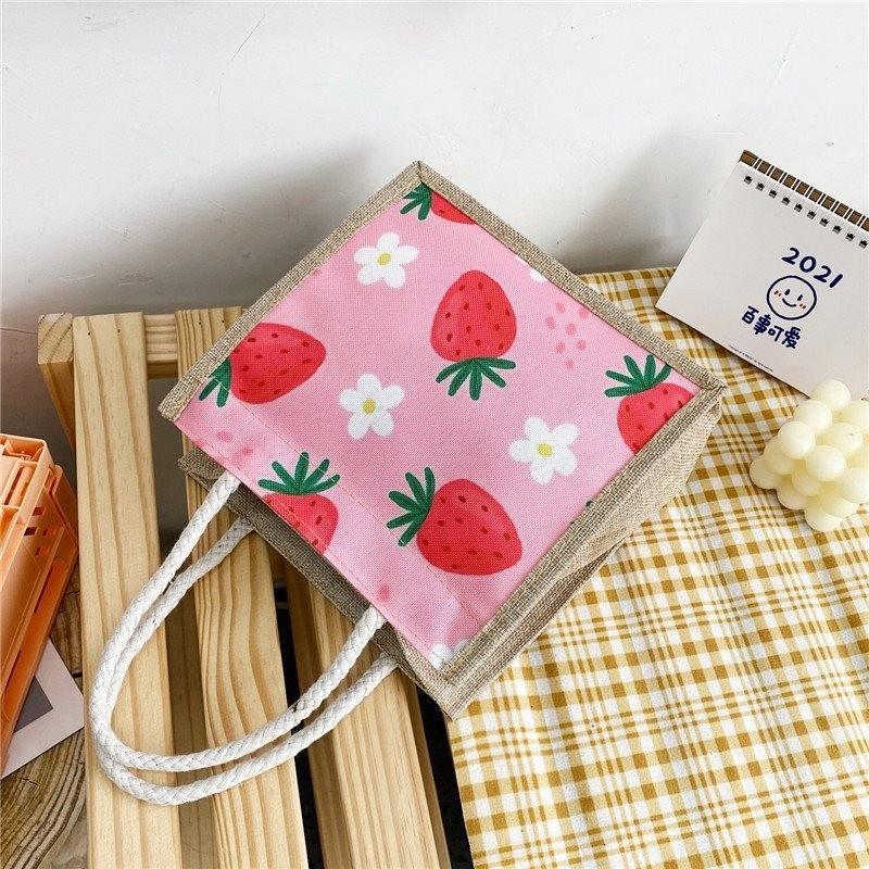 Cute Girl Canvas Tote Bag Stylish Trendy Lunch Bag For Young Women With Floral Print