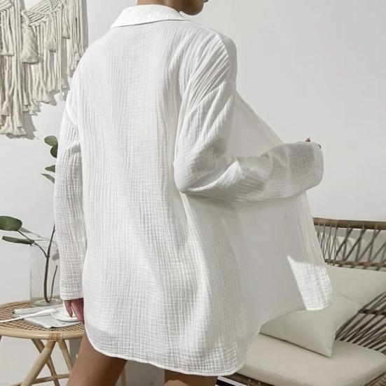 2 шт./компл., женская рубашка, комплект с шортами, однотонная однобортная блузка с длинными рукавами и воротником с лацканами, высокая талия, свободная выше