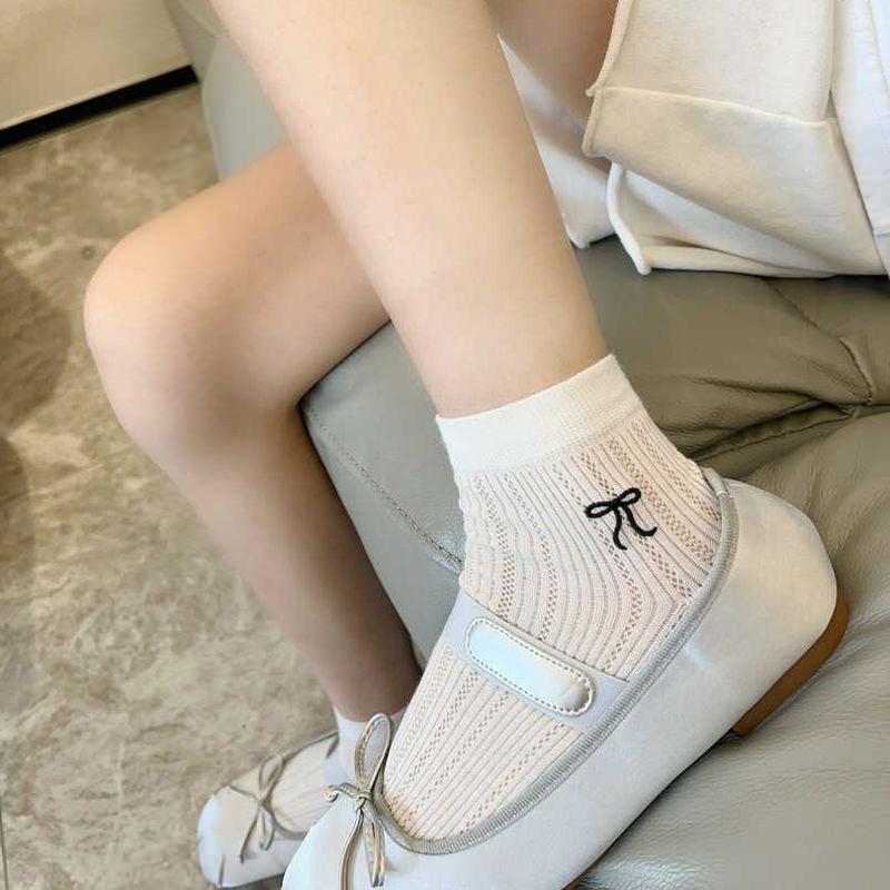 Female Summer Thin Model Lovely Bow Embroidery Hollow Out Mesh Socks