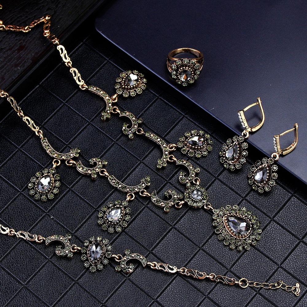 Наборы свадебных украшений в богемном стиле для женщин, серьги античного золотого цвета, браслет, кольцо, ожерелье, полный кристалл, подарок невесты
