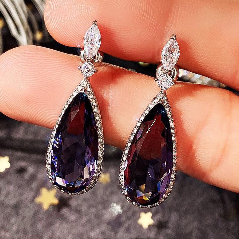 Серебряные серьги-подвески с фиолетовыми каплями из кубического циркония и сияющим ободком, серьги-подвески с кристаллами цвета танзанита в форме маркизы, женские роскошные свадебные украшения