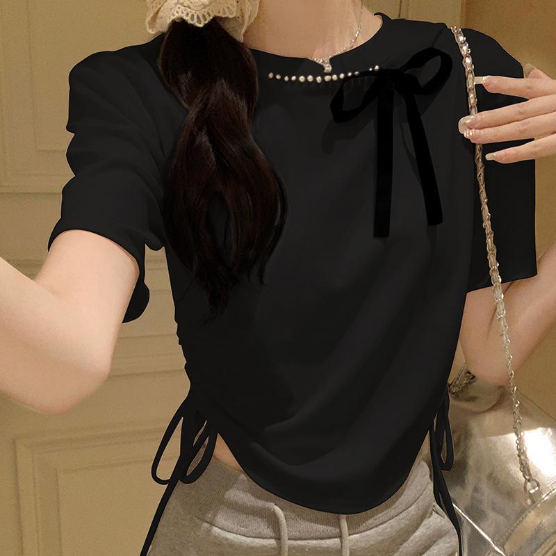 Футболка с короткими рукавами и прямыми плечами, украшенная бисером и бантом, для женщин, новый плиссированный облегающий топ с завышенной талией