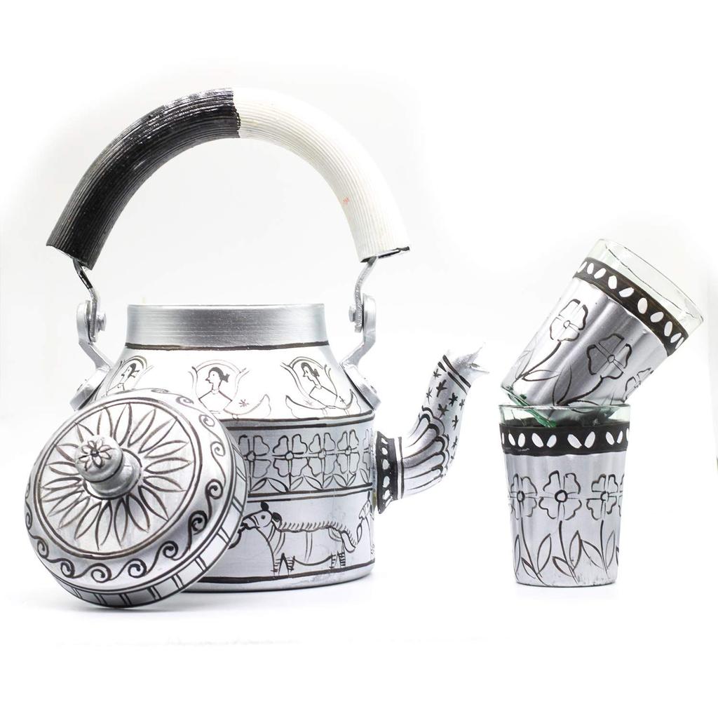 Набор чайников с ручной росписью из 9 шт. (Содержимое упаковки: 1 расписанный вручную чайник, 6 раскрашенных вручную стаканов, 1 подставка на железной веревке, 1 коричневый поднос из натурального дерева.